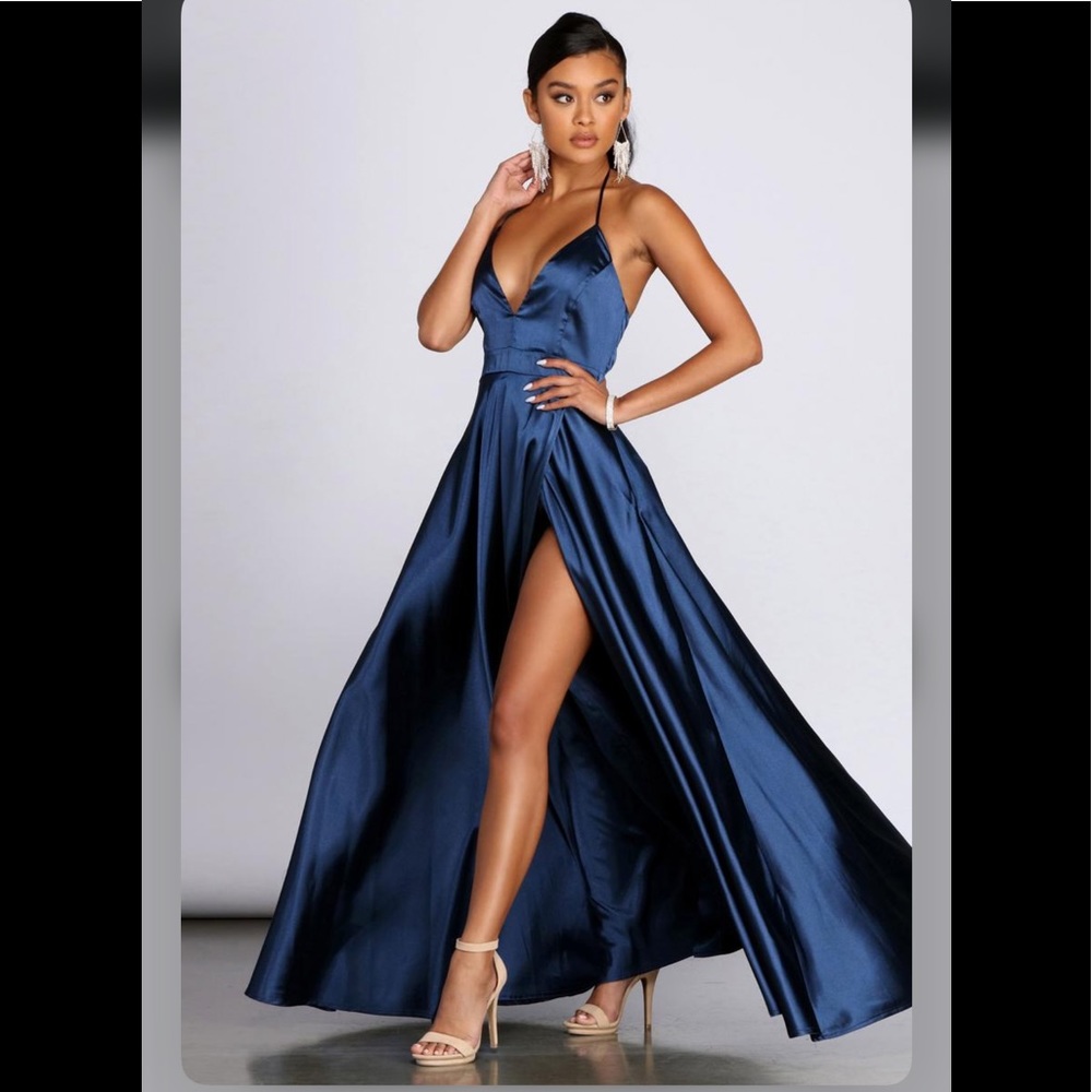 Navy blue open back satin dress with high slit